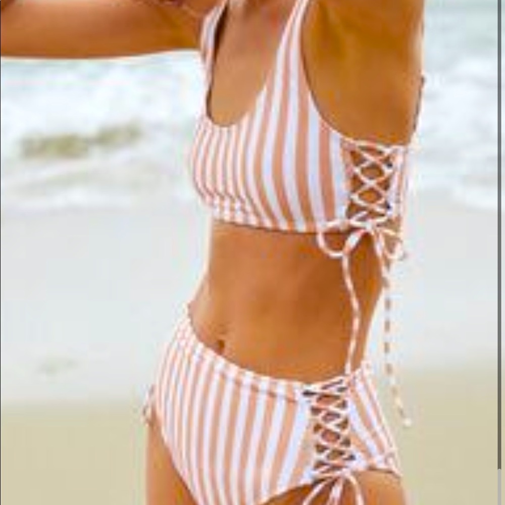 Tan and white stripped bikini set. Super cute!!!